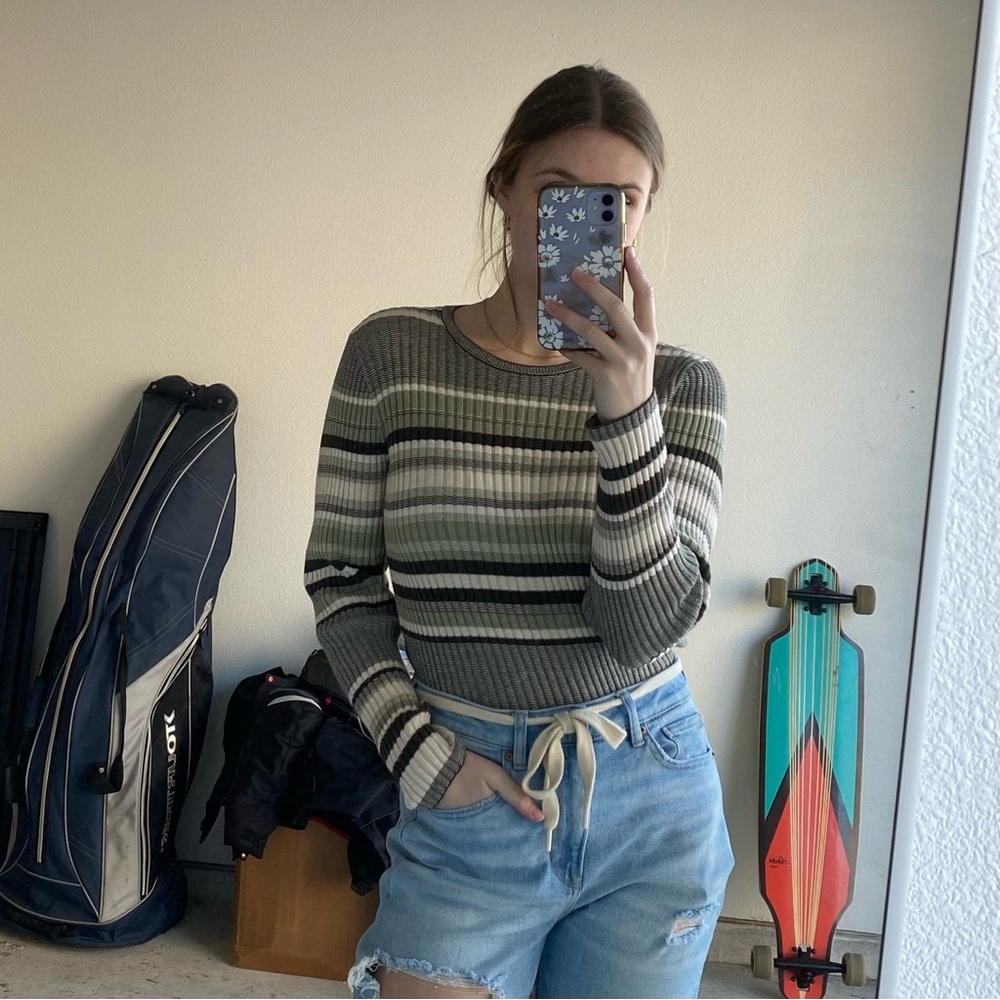 NWOT Jeanne Pierre Green & Brown Striped Sweater (L)